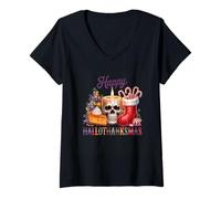 Donna Candela Happy Hallothanksmas Skull Cheer Maglietta con Collo a V