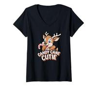 Donna Candy Cane Cutie Reindeer Christmas Cute Holiday Design Maglietta con Collo a V