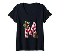 Donna Candy Cane Lettera M Holly Berries Maglietta con Collo a V