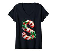 Donna Candy Cane Lettera S Christmas Delight Maglietta con Collo a V