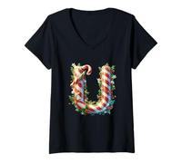 Donna Candy Cane Natale Lettera U Festive Cheer Maglietta con Collo a V
