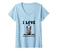 Donna Cane Australian Cattle Che sbricia con la Scritta Love Maglietta con Collo a V