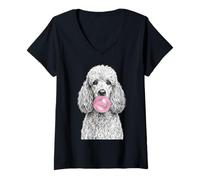 Donna Cane Barboncino Che soffia Gomma da Masticare Divertente Pet Art Maglietta con Collo a V