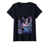 Donna Cane Boston Terrier Che Ulula la Luna Divertente Bostie Maglietta con Collo a V