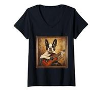 Donna Cane Chitarra Boston Terrier Maglietta con Collo a V
