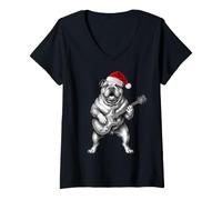 Donna Cane Chitarra Natale Amante Bulldog Inglese Maglietta con Collo a V