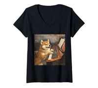 Donna Cane con pianoforte Shiba Inu Maglietta con Collo a V