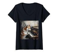 Donna Cane con pianoforte Shiba Inu Maglietta con Collo a V