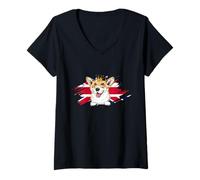 Donna Cane Corgi Britannico con Corona e Bandiera del Regno Unito Londra Inghilterra Maglietta con Collo a V