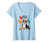 Donna Cane Corgi Nero e Marrone Chiaro, Buon Compleanno! Maglietta con Collo a V