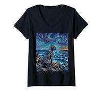 Donna Cane Corso Cane in Spiaggia Notte Stellata Stile Opera d'Arte Maglietta con Collo a V