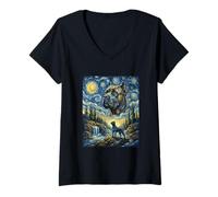 Donna Cane Corso Cane Luna Ululante Notte Stellata Van Gogh Art Style Maglietta con Collo a V