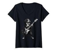 Donna Cane da montagna del Bernese che suona il basso della chitarra rock Maglietta con Collo a V