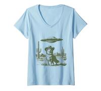 Donna Cane del Sud-Ovest in Cappello da Cowboy con Paesaggio desertico UFO Maglietta con Collo a V