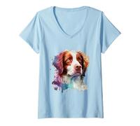 Donna Cane della Bretagna Spaniel colorato Pop Art Tie Dye Arcobaleno Maglietta con Collo a V