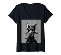 Donna Cane Dobermann che tiene una pistola Cane Pinscher di razza Dobermann Maglietta con Collo a V