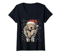 Donna Cane Golden Retriever Gotico Mano Scheletro Natale Maglietta con Collo a V