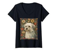 Donna Cane Havanese Bianco o Crema Stile William Morris Maglietta con Collo a V