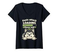 Donna Cane Husky Divertente Attacco Panico Loading Design Maglietta con Collo a V