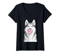 Donna Cane Husky Siberiano Che soffia Schizzo di Gomma da Masticare Maglietta con Collo a V