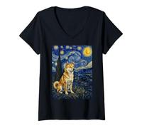 Donna Cane Jindo Coreano Van Gogh Notte Stellata Maglietta con Collo a V