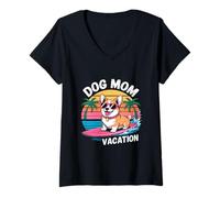 Donna Cane Mamma Vacanza - Vintage Surf Estate Spiaggia Corgi Amante Maglietta con Collo a V