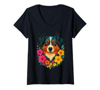 Donna Cane pastore australiano floreale fiori primaverili estivi Maglietta con Collo a V