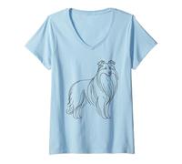 Donna Cane Pastore Border Collie Line Art Maglietta con Collo a V