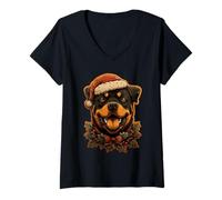 Donna Cane Rottweiler di Natale con Cappello di Babbo Natale Biscotto di Pan di Zenzero Maglietta con Collo a V