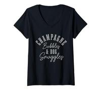 Donna Cane Snuggles & Champagne Bubbles Divertente Carino Cane Amante Maglietta con Collo a V