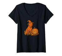 Donna Cane strega di Halloween seduto di Jack O Lantern Maglietta con Collo a V