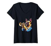 Donna Cane Suona Tromba Abito Elegante Maglietta con Collo a V