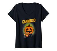 Donna Canniboo Funny Pixel Art Jack O'Lantern Che Mangia Torta di Halloween Maglietta con Collo a V