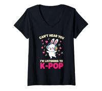 Donna Can't Hear You I'm Listening KPOP Carino Coniglio K-Pop Kawaii Maglietta con Collo a V