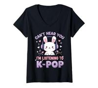Donna Can't Hear You I'm Listening To K-Pop Cute Rabbit Music Fan Maglietta con Collo a V