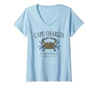Donna Cape Charles Virginia Blue Crab Since 1607 Arcuato Nero Maglietta con Collo a V