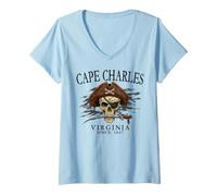 Donna Cape Charles Virginia Pirate Skull Since 1607 Nero Maglietta con Collo a V