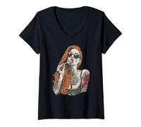 Donna Capelli rossi Rockabilly Pin Up Girl Retro Vintage Lollipop anni '50 Maglietta con Collo a V