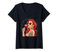 Donna Capelli rossi Rockabilly Pin Up Girl Retro Vintage Lollipop anni '50 Maglietta con Collo a V