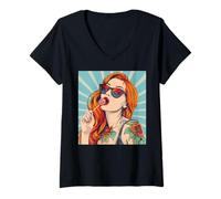 Donna Capelli rossi Rockabilly Pin Up Girl Retro Vintage Lollipop anni '50 Maglietta con Collo a V