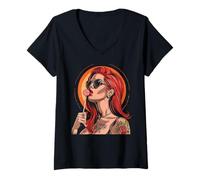 Donna Capelli rossi Rockabilly Pin Up Girl Retro Vintage Lollipop anni '50 Maglietta con Collo a V