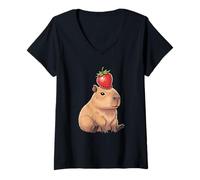 Donna Capibara con Fragola sulla Testa Cute Capybara Maglietta con Collo a V