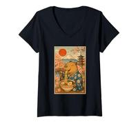 Donna Capibara Mangiare Ramen in Un Kimono Cherry Blossoms Monte Fuji Maglietta con Collo a V