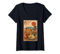 Donna Capibara Mangiare Ramen in Un Kimono Cherry Blossoms Monte Fuji Maglietta con Collo a V