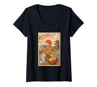 Donna Capibara Mangiare Ramen in Un Kimono Mount Fuji Cherry Blossom Maglietta con Collo a V