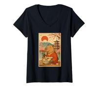 Donna Capibara Mangiare Ramen in Un Kimono Mount Fuji Cherry Blossom Maglietta con Collo a V