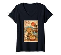 Donna Capibara Mangiare Ramen in Un Kimono Mount Fuji Cherry Blossom Maglietta con Collo a V