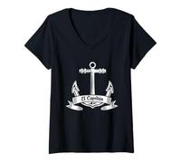 Donna Capitan El Capitán Nautico Spagnolo Marinaio Grafico Emblema Maglietta con Collo a V