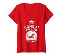 Donna Capodanno Cinese 2026 Cavallo Gong XI Fa CAI Maglietta con Collo a V