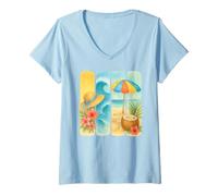 Donna Cappello a ombrello con scena estiva tropicale sulla spiaggia, ibisco Maglietta con Collo a V